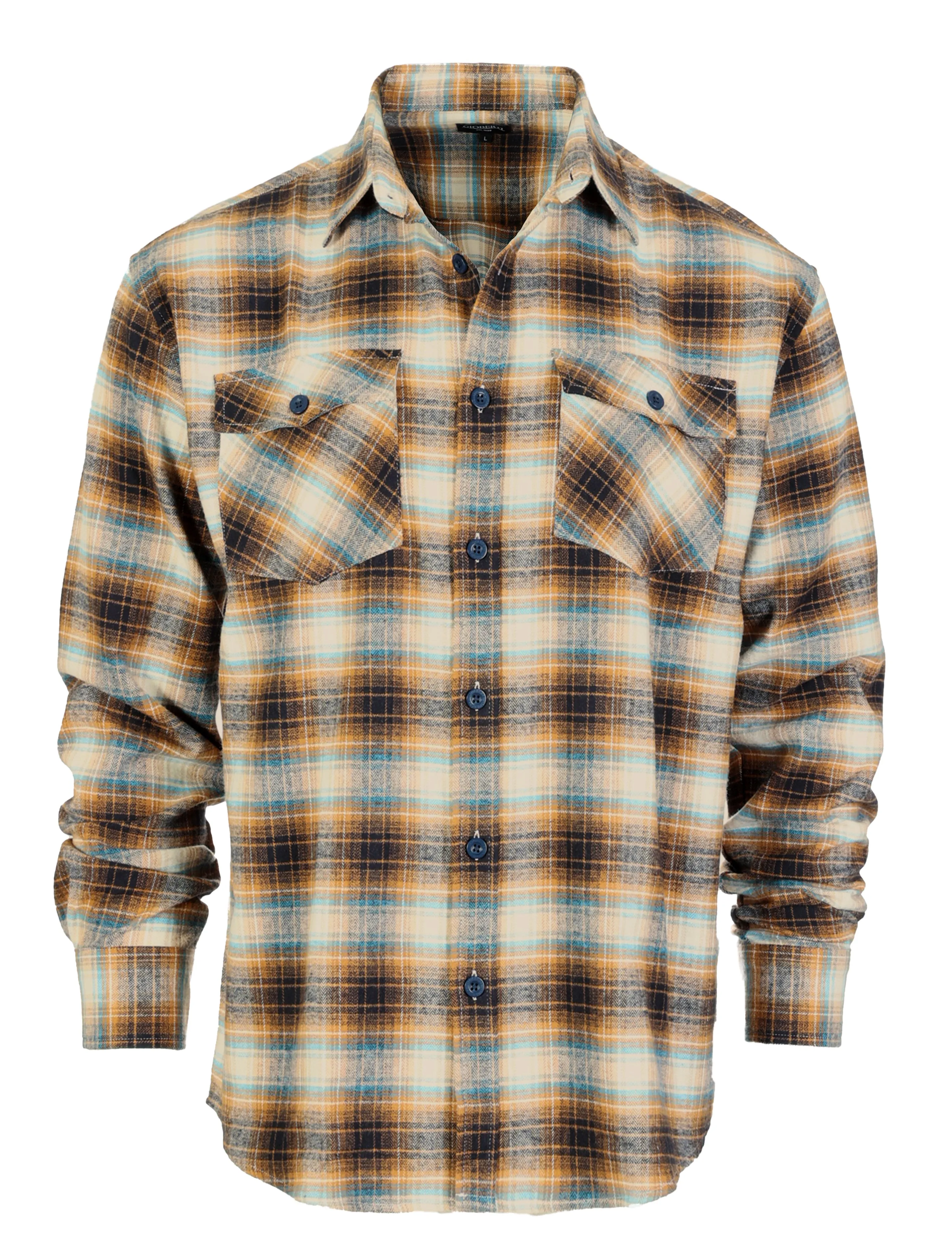 Gioberti Men's Copper / Beige / Cyan Plaid Checkered Brushed Flannel Shirt