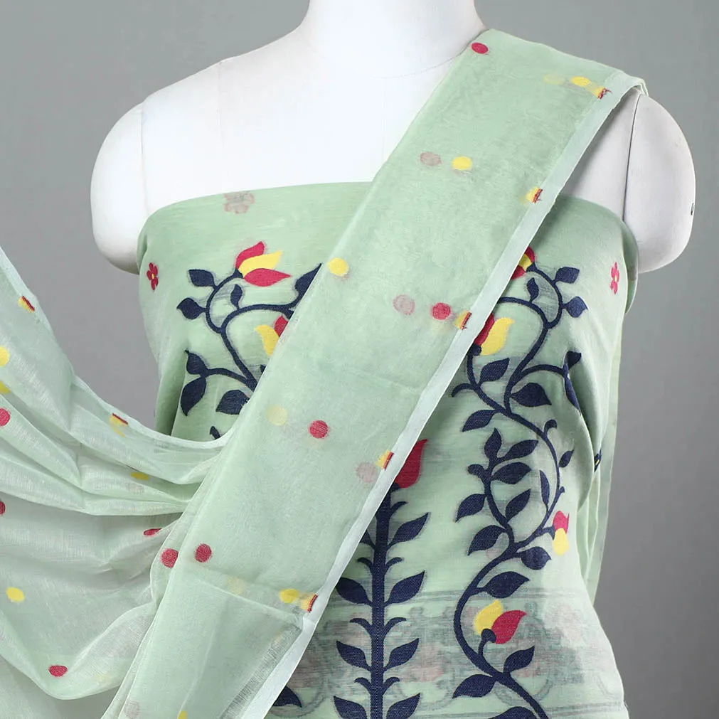 Green - 2pc Bengal Jamdani Silk Cotton Suit Material Set 01