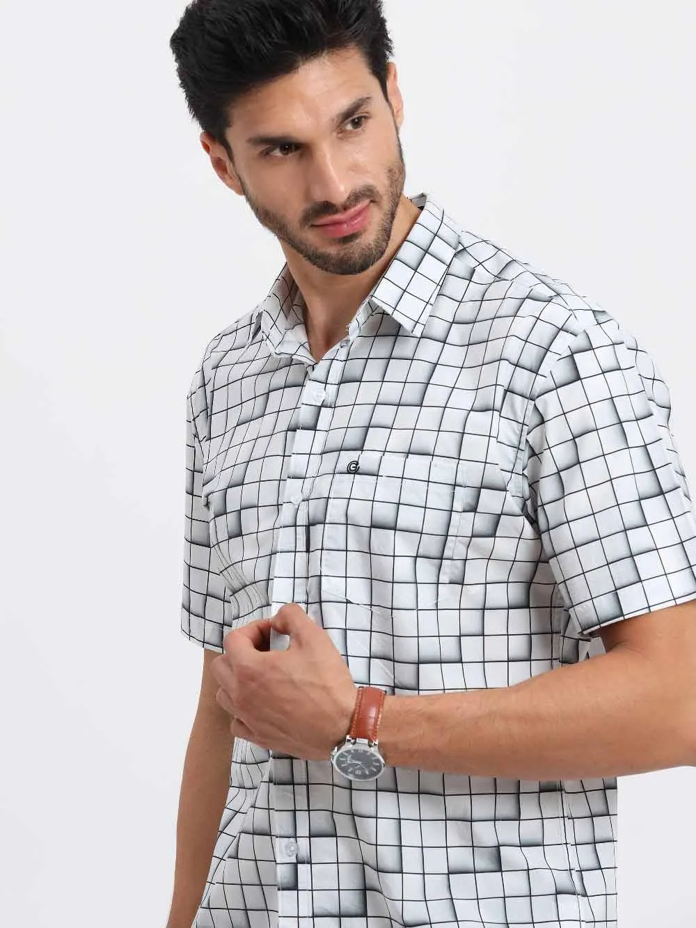 Grey Checks Printed Half Sleeve Shirt