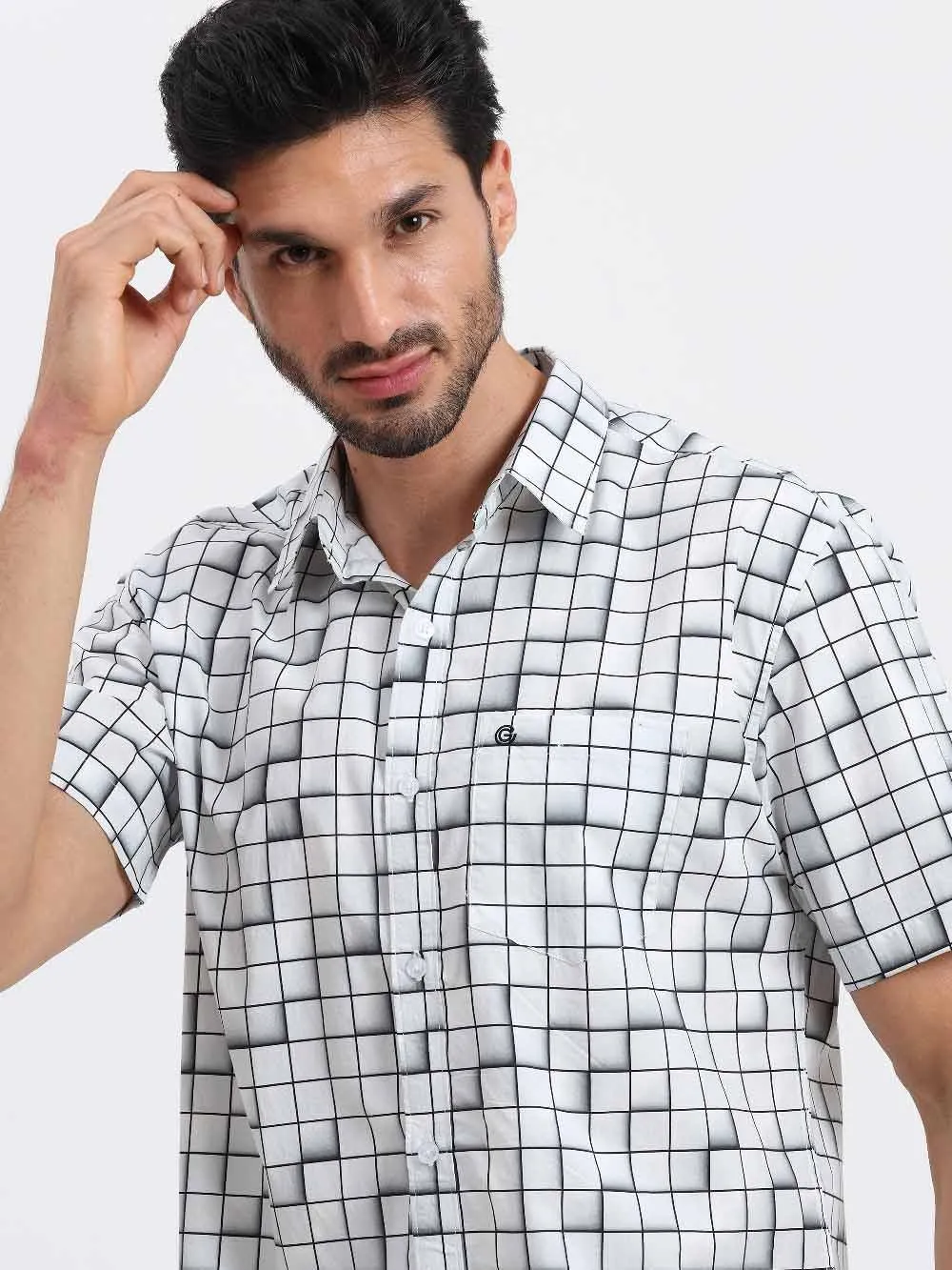 Grey Checks Printed Half Sleeve Shirt