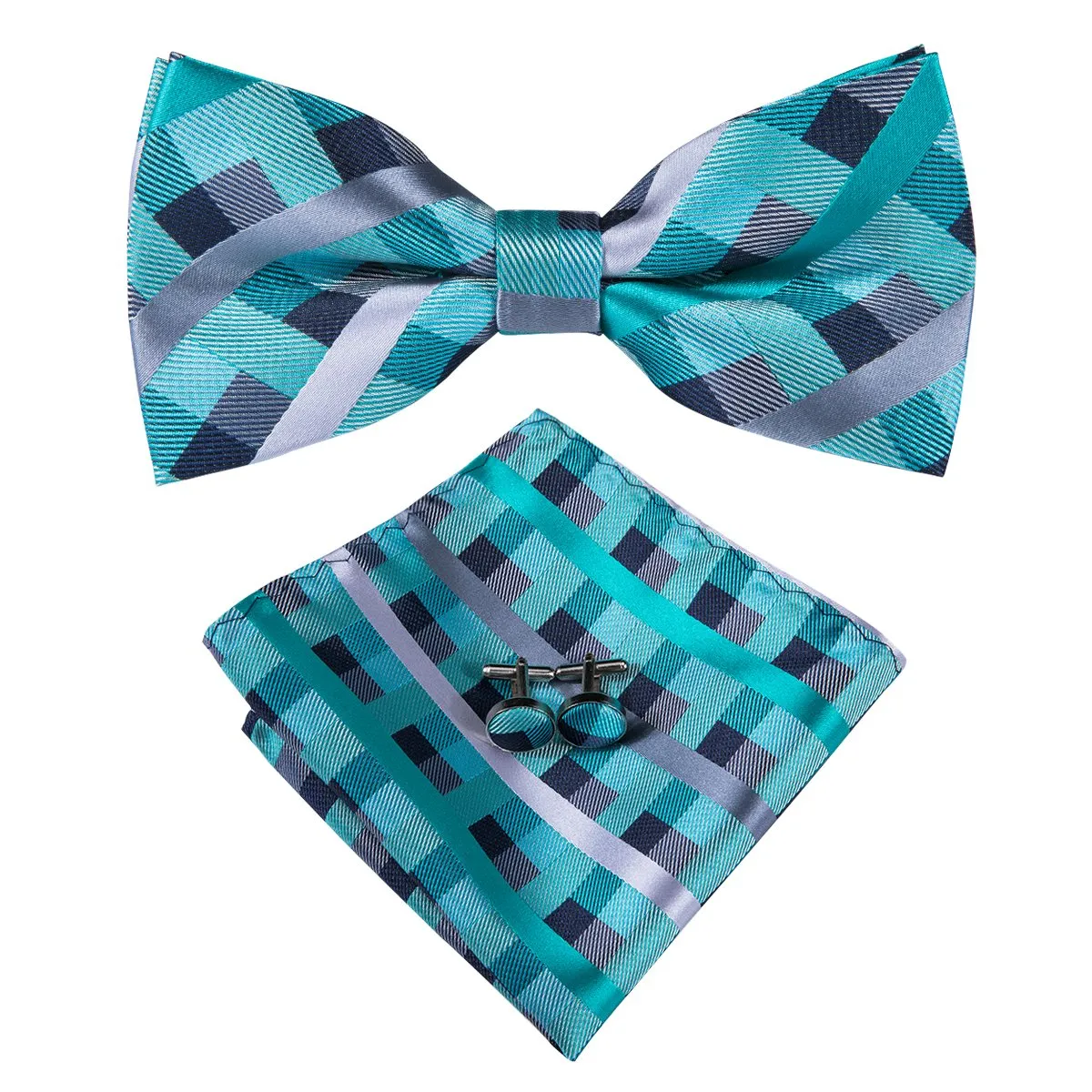 Grey Turquoise Cyan Plaid Pre-tied Bow Tie Hanky Cufflinks Set