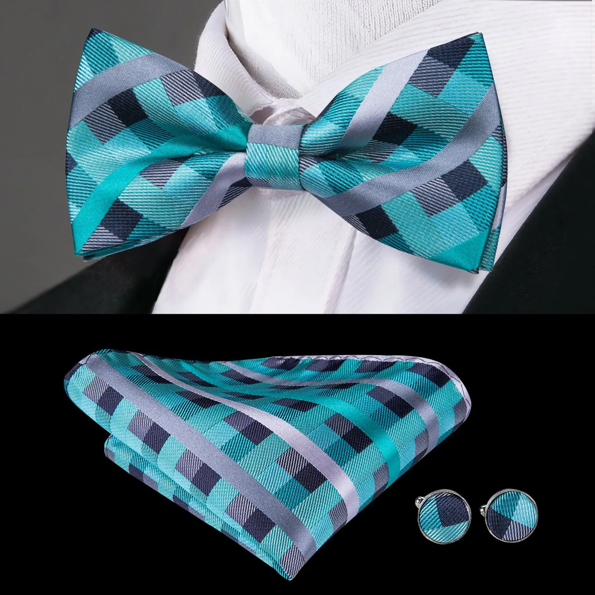 Grey Turquoise Cyan Plaid Pre-tied Bow Tie Hanky Cufflinks Set