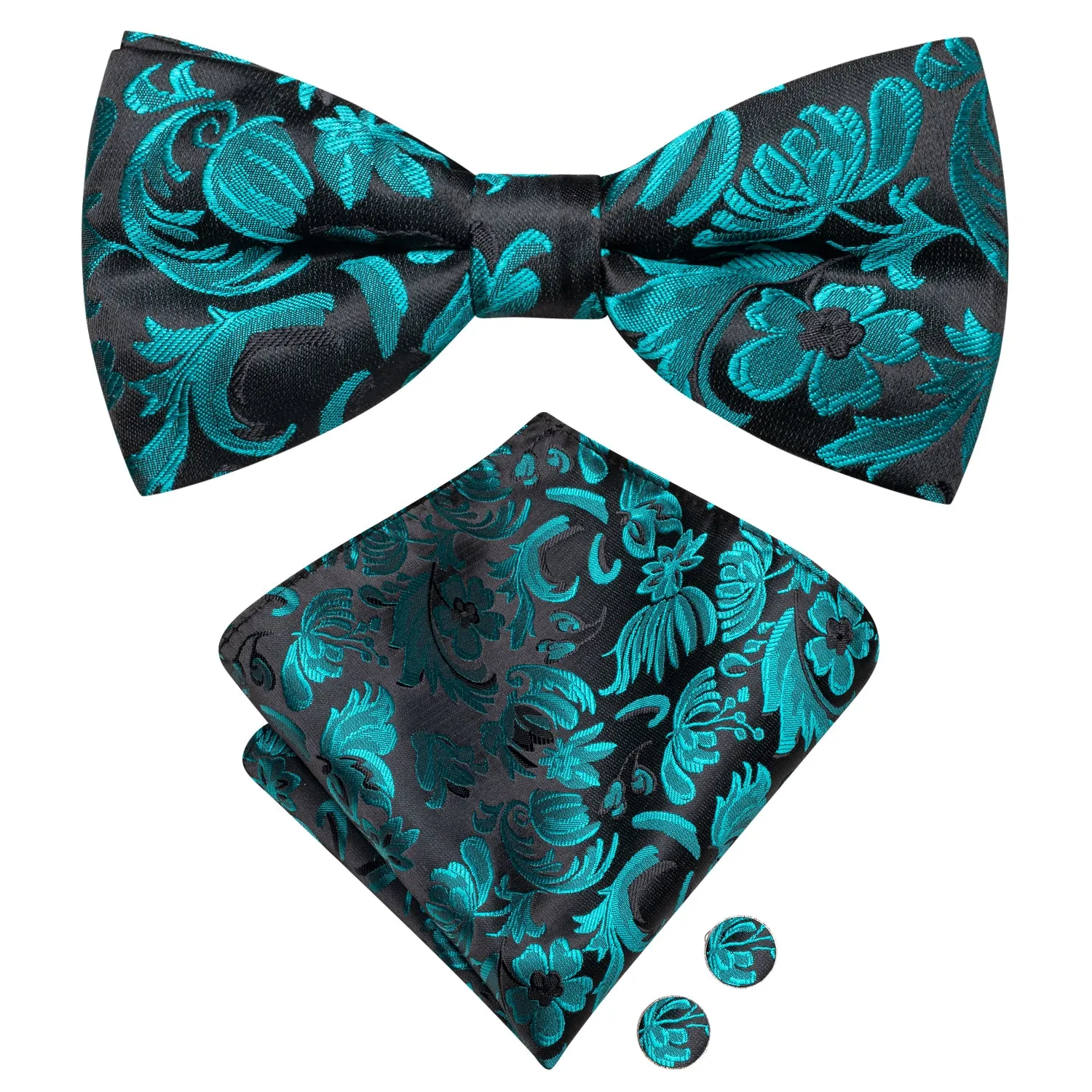 Hi-Tie Black Cyan Paisley Silk Pre-tied Bow Tie Hanky Cufflinks Set