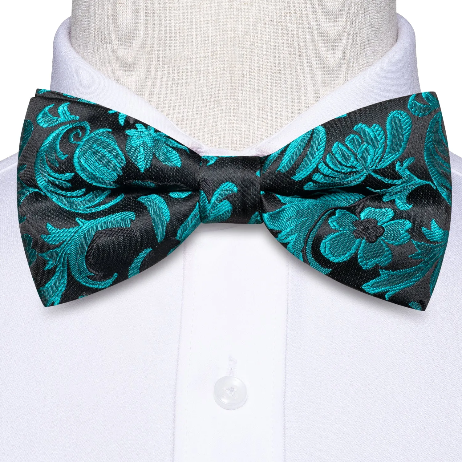 Hi-Tie Black Cyan Paisley Silk Pre-tied Bow Tie Hanky Cufflinks Set