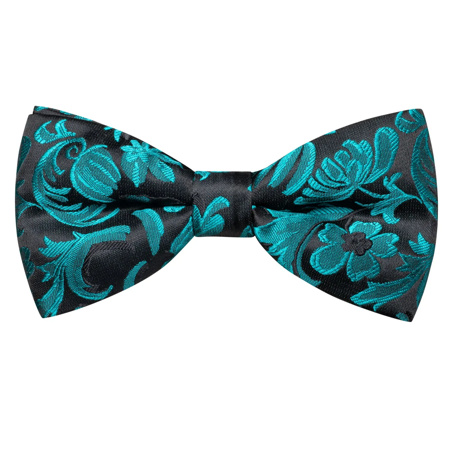 Hi-Tie Black Cyan Paisley Silk Pre-tied Bow Tie Hanky Cufflinks Set