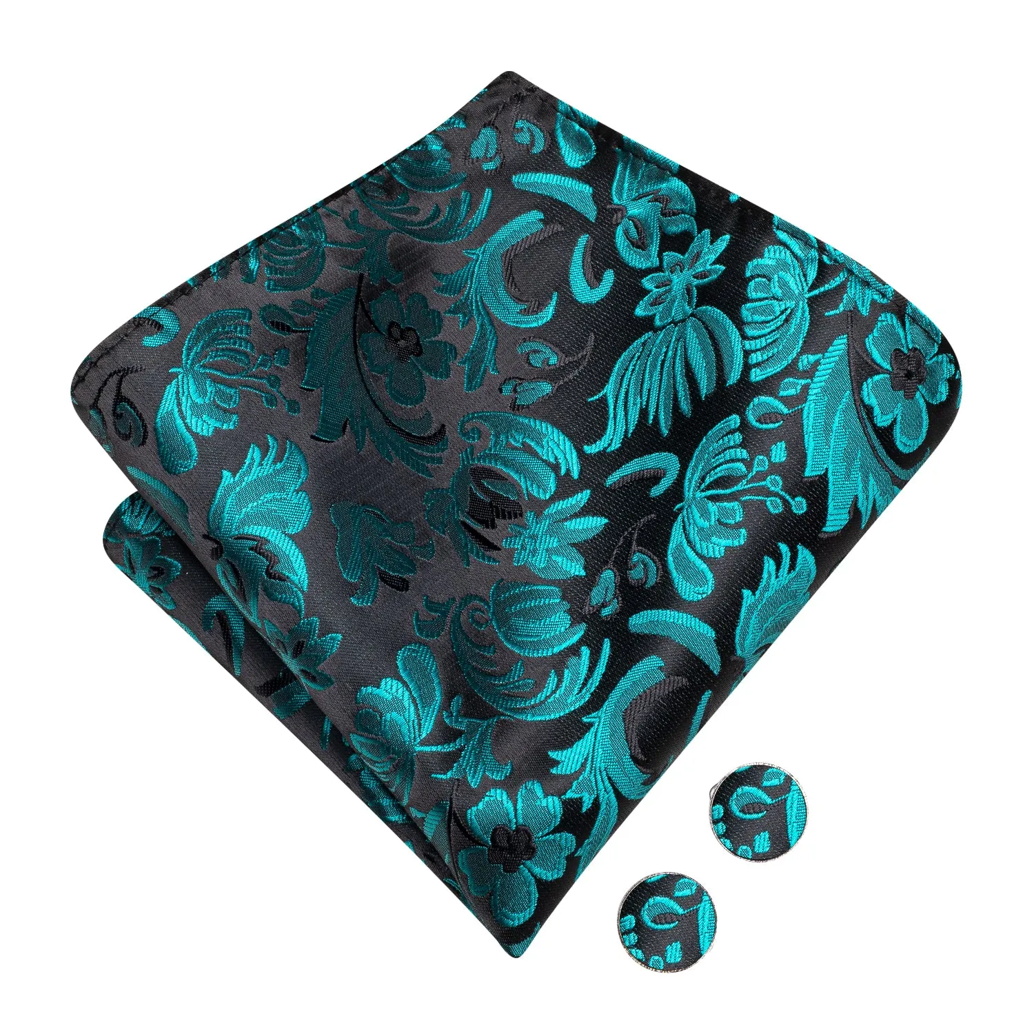 Hi-Tie Black Cyan Paisley Silk Pre-tied Bow Tie Hanky Cufflinks Set