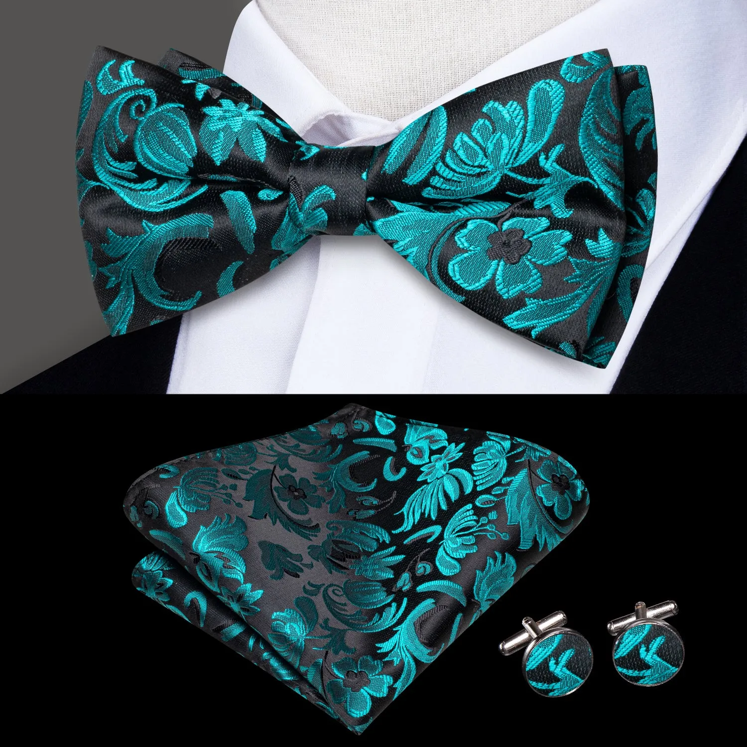 Hi-Tie Black Cyan Paisley Silk Pre-tied Bow Tie Hanky Cufflinks Set