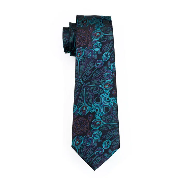 Hi-Tie Cyan Black Paisley Silk Men's Tie Pocket Square Cufflinks Set