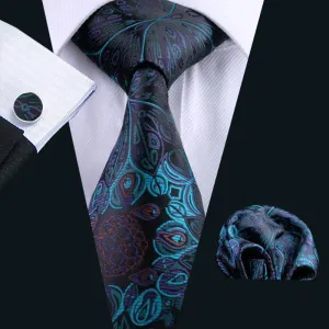 Hi-Tie Cyan Black Paisley Silk Men's Tie Pocket Square Cufflinks Set