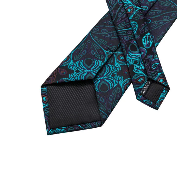 Hi-Tie Cyan Black Paisley Silk Men's Tie Pocket Square Cufflinks Set