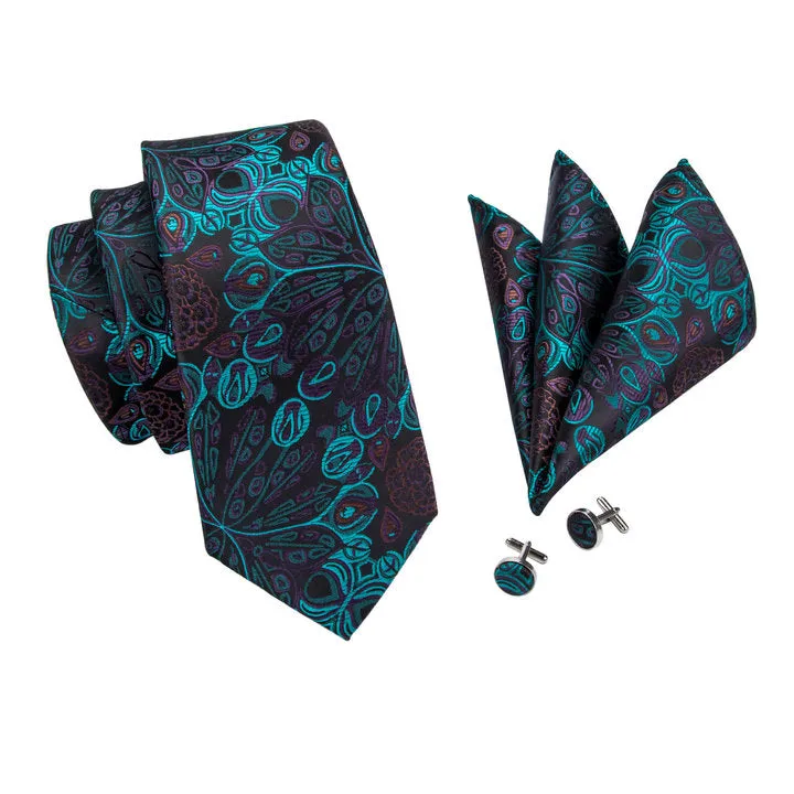 Hi-Tie Cyan Black Paisley Silk Men's Tie Pocket Square Cufflinks Set