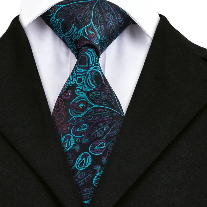 Hi-Tie Cyan Black Paisley Silk Men's Tie Pocket Square Cufflinks Set