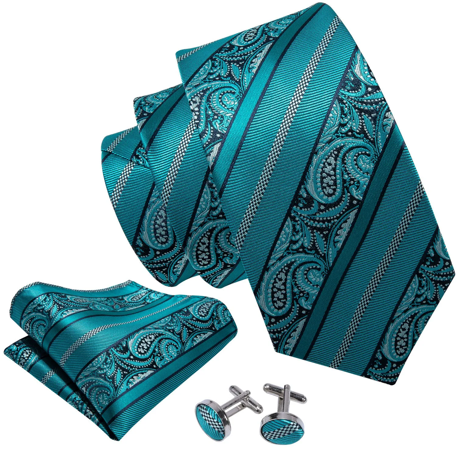 Hi-Tie Cyan Blue Paisley Silk Men's Tie Pocket Square Cufflinks Set