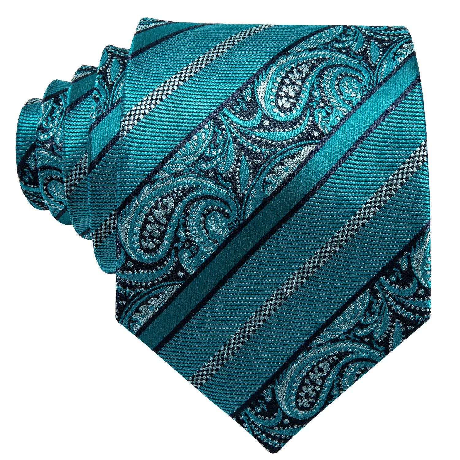 Hi-Tie Cyan Blue Paisley Silk Men's Tie Pocket Square Cufflinks Set