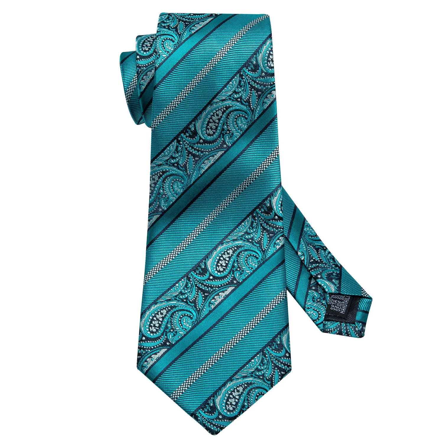 Hi-Tie Cyan Blue Paisley Silk Men's Tie Pocket Square Cufflinks Set