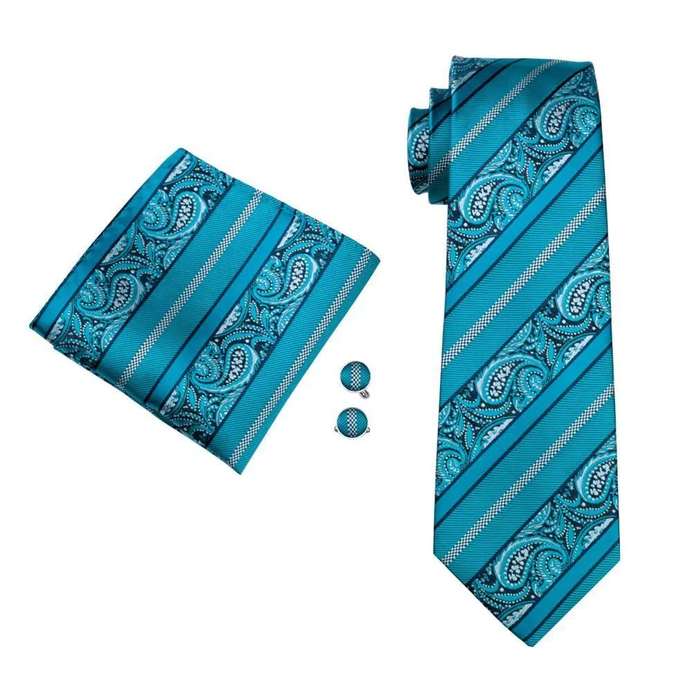 Hi-Tie Cyan Paisley Silk Men's Tie Hanky Cufflinks Set with Collar Pin