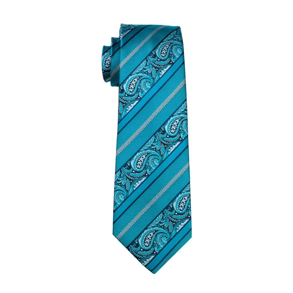 Hi-Tie Cyan Paisley Silk Men's Tie Hanky Cufflinks Set with Collar Pin