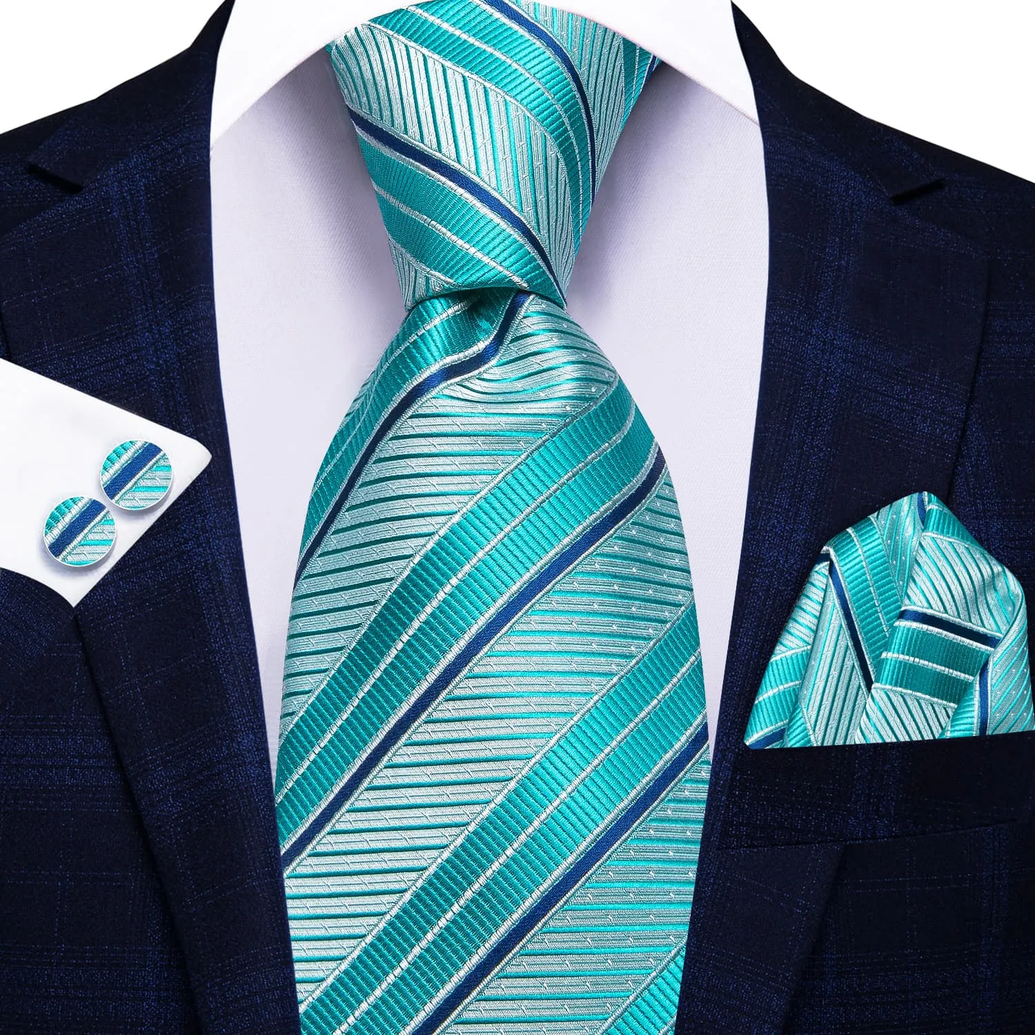 Hi-Tie Striped Tie Cyan Teal Silk Necktie Set for Men