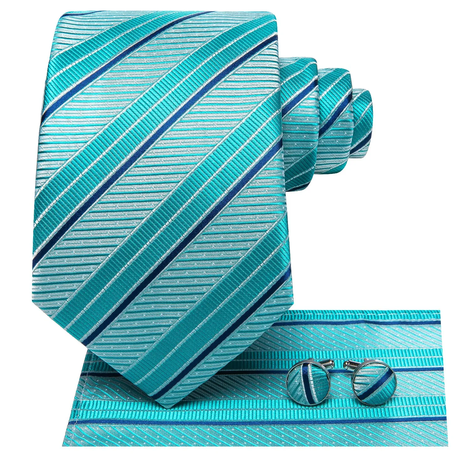 Hi-Tie Striped Tie Cyan Teal Silk Necktie Set for Men