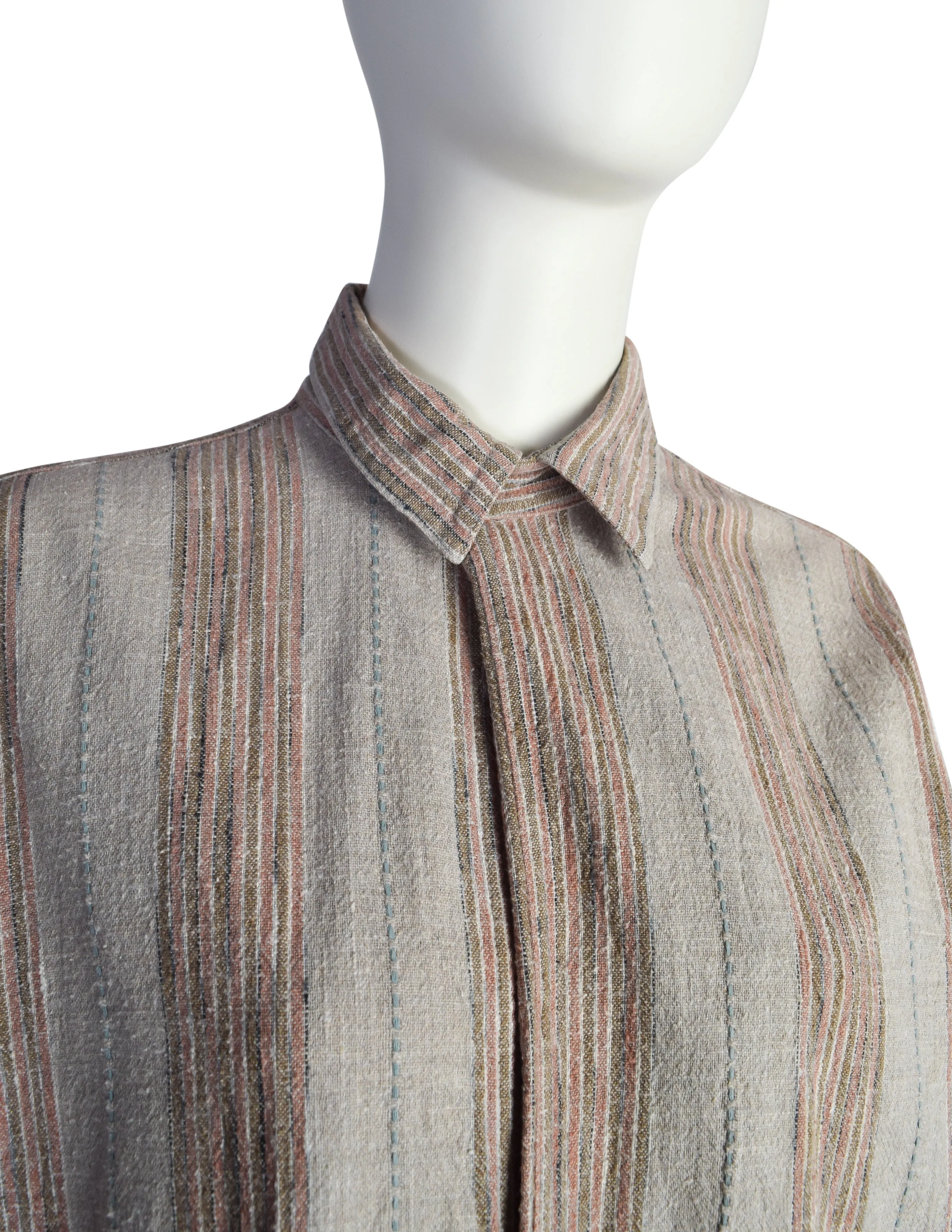 Issey Miyake Vintage 1980s Grey Pink Striped Cotton Tunic Smock Dress