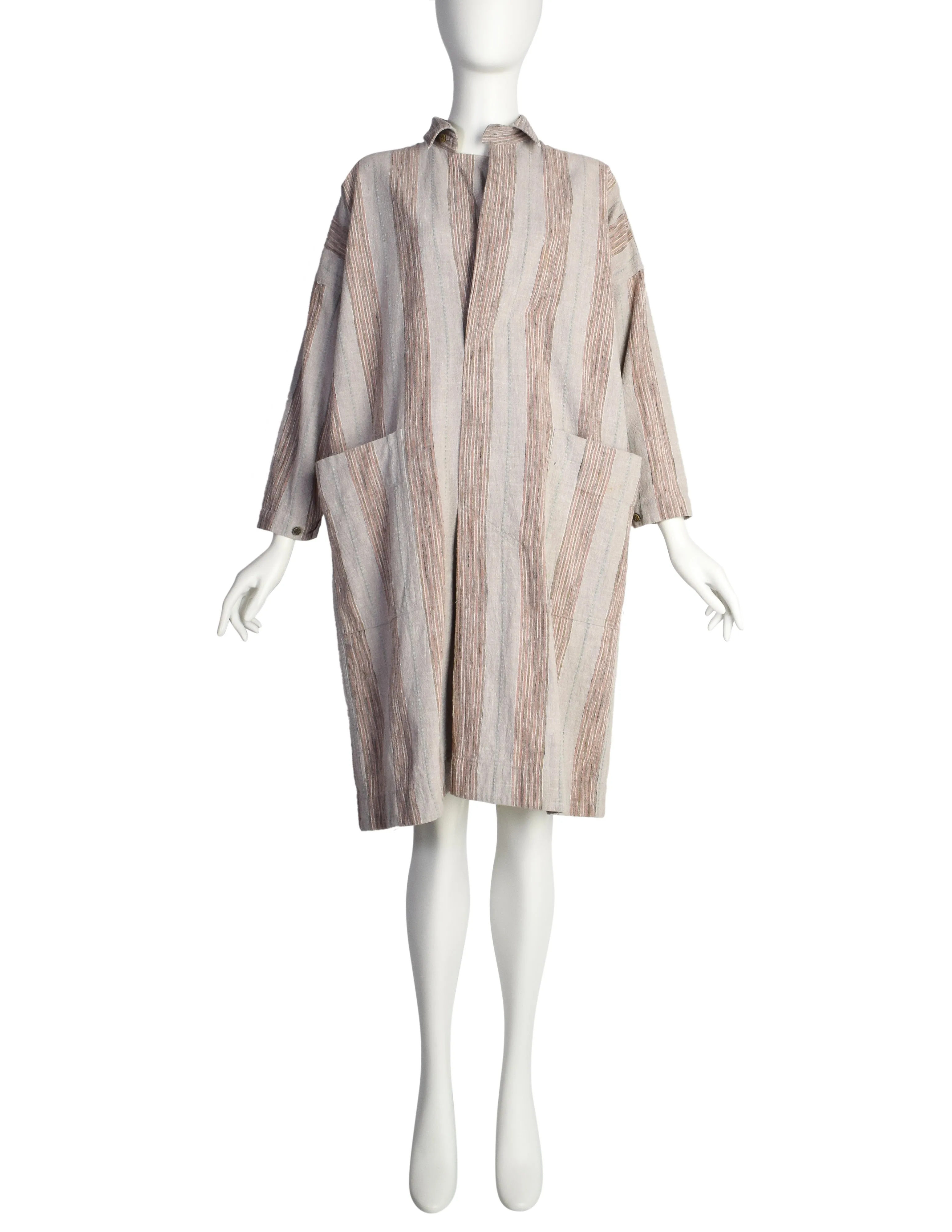 Issey Miyake Vintage 1980s Grey Pink Striped Cotton Tunic Smock Dress