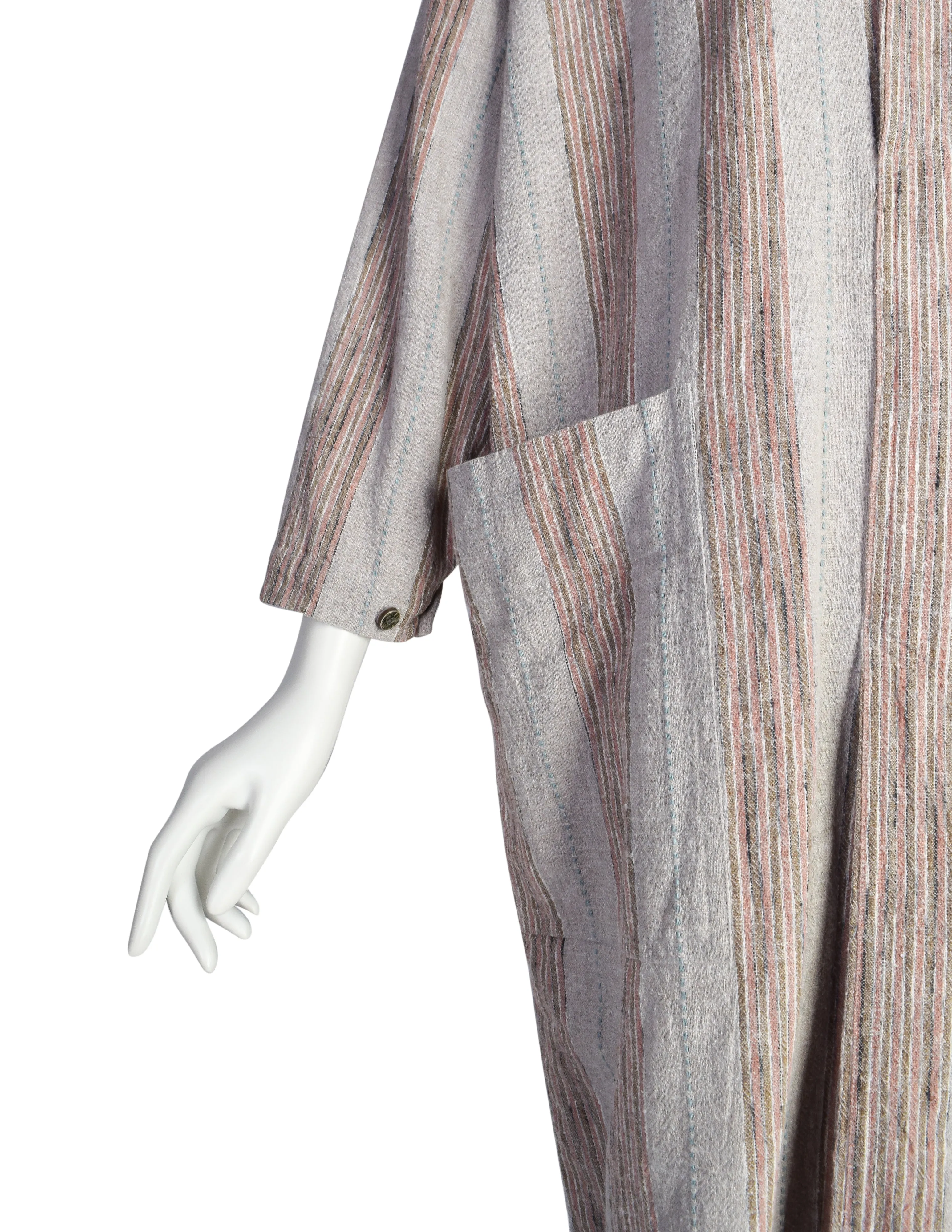 Issey Miyake Vintage 1980s Grey Pink Striped Cotton Tunic Smock Dress