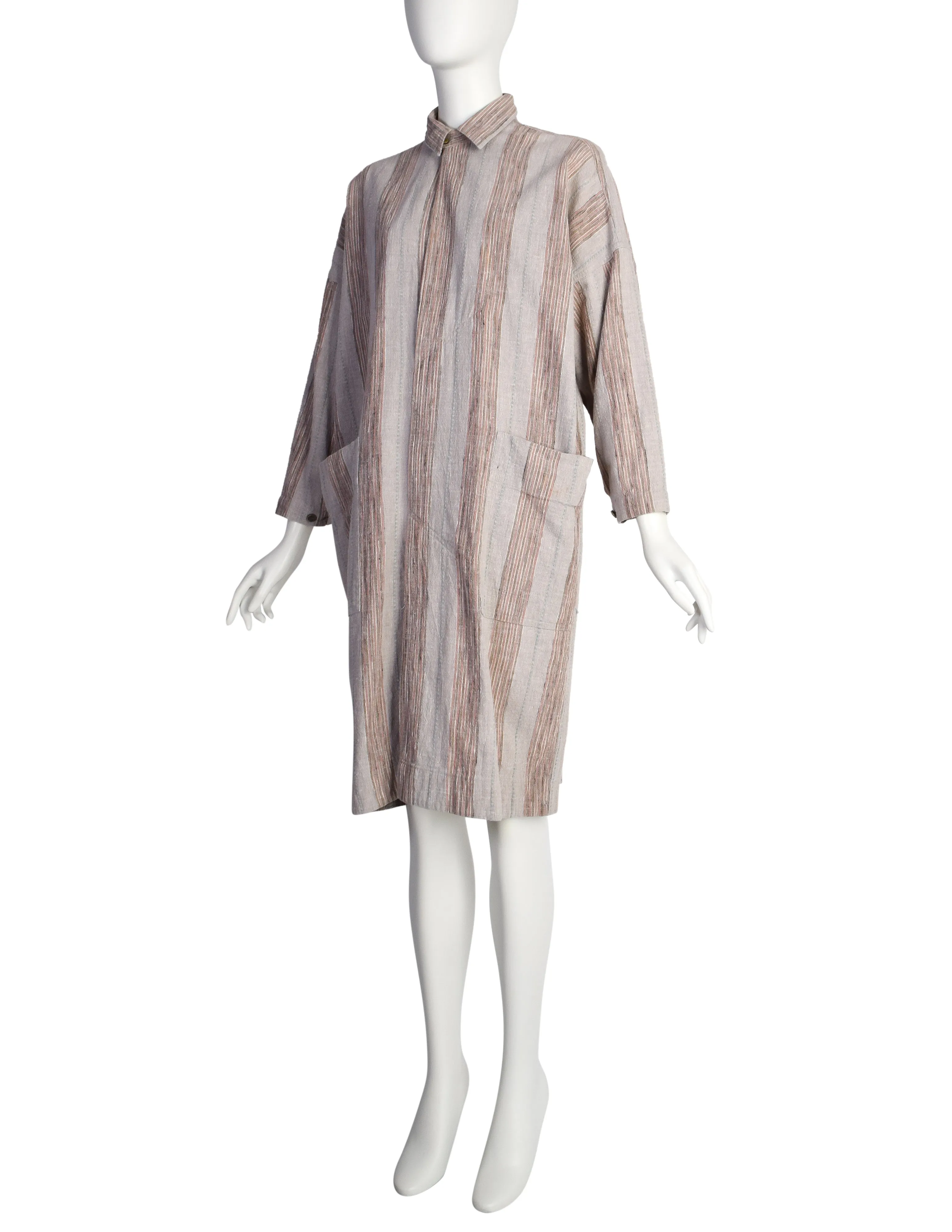 Issey Miyake Vintage 1980s Grey Pink Striped Cotton Tunic Smock Dress