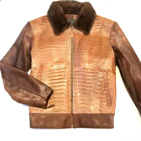 Kashani Brown Full Alligator Pony Sleeve Mink Collar Bomber Jacket