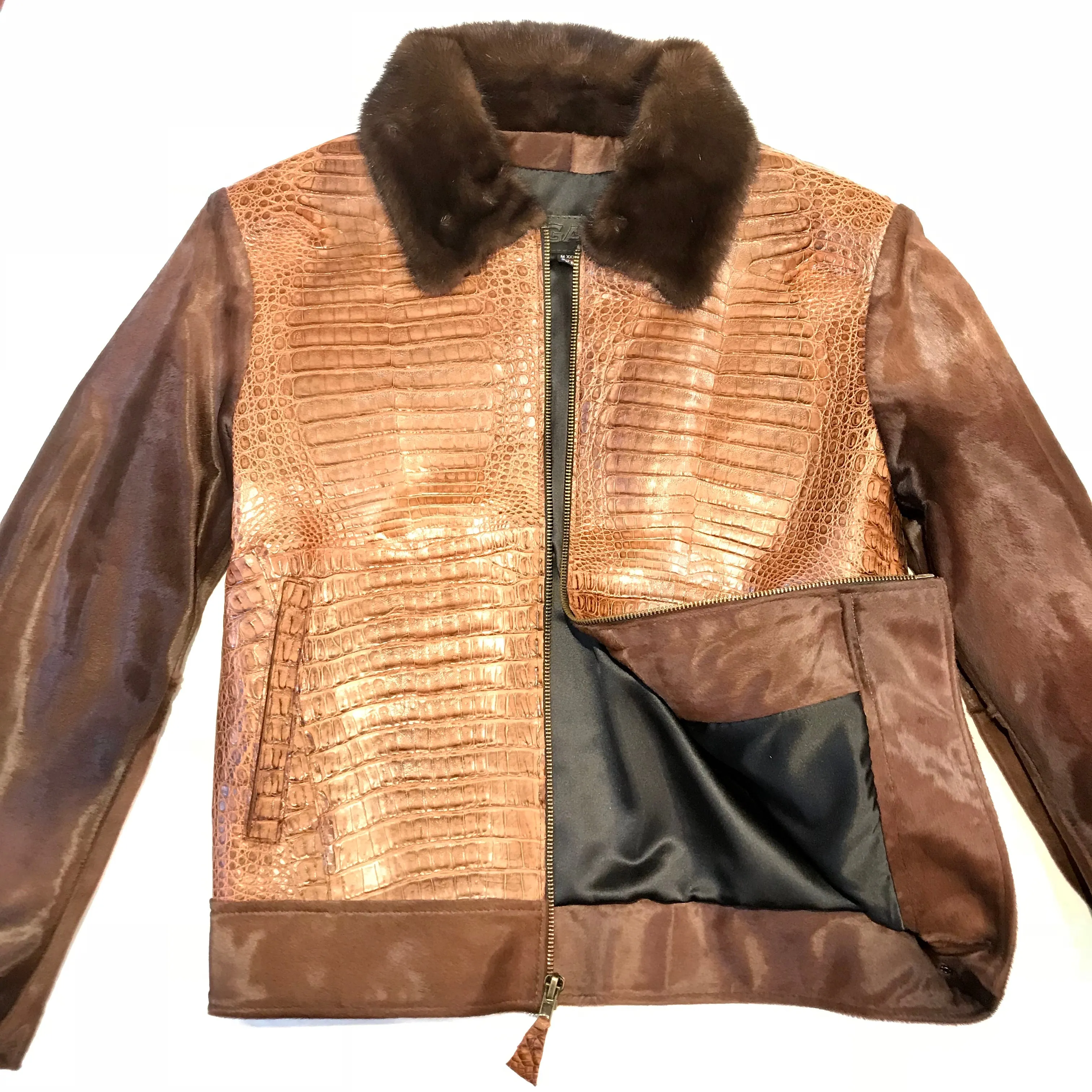 Kashani Brown Full Alligator Pony Sleeve Mink Collar Bomber Jacket