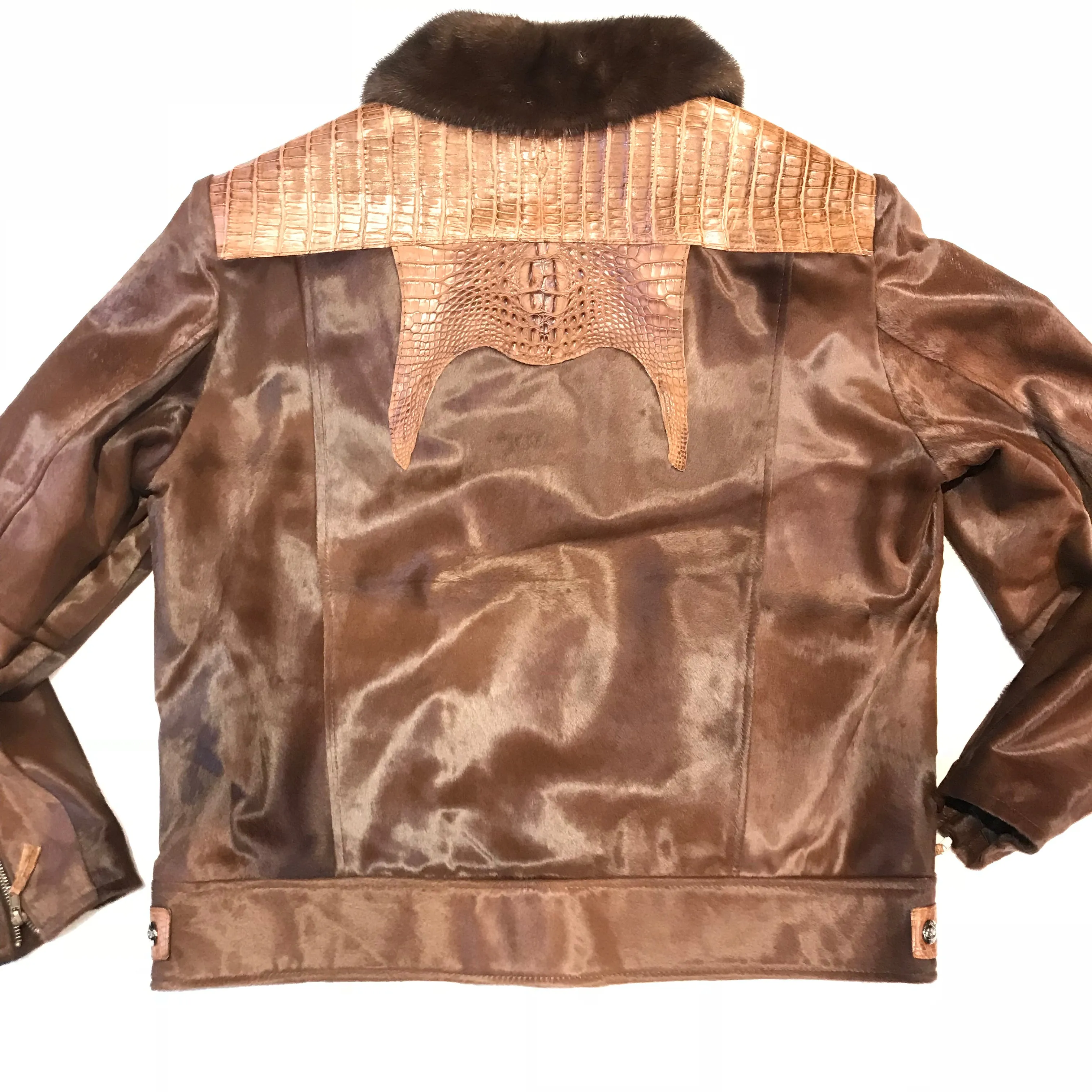 Kashani Brown Full Alligator Pony Sleeve Mink Collar Bomber Jacket