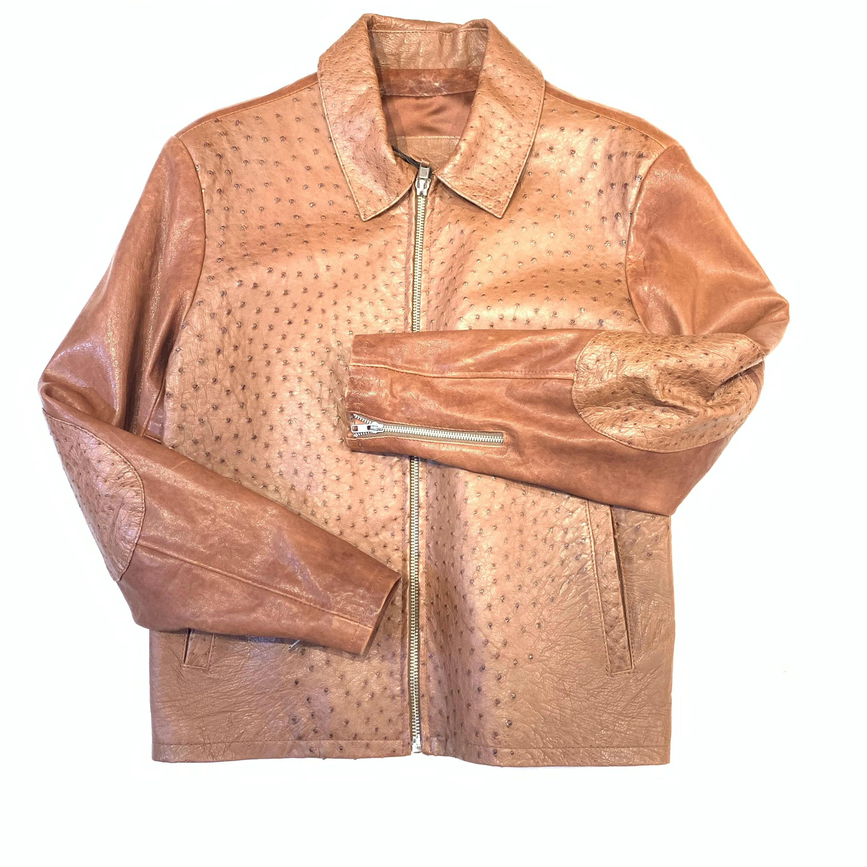 Kashani Chocolate Brown Ostrich Quill/Lambskin Collared Bomber Jacket