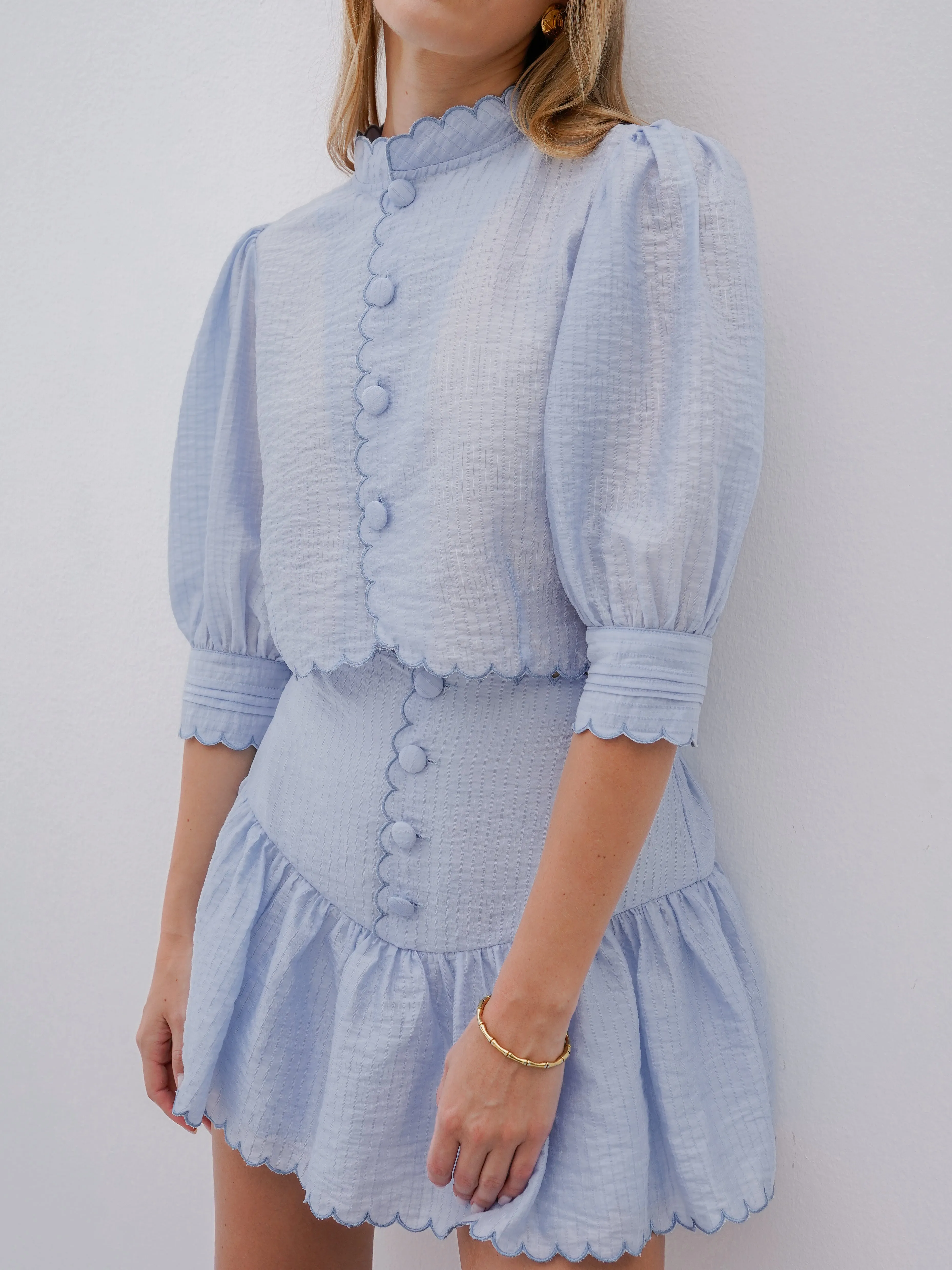 Kelsy Scalloped Textured Blouse | Sky Blue