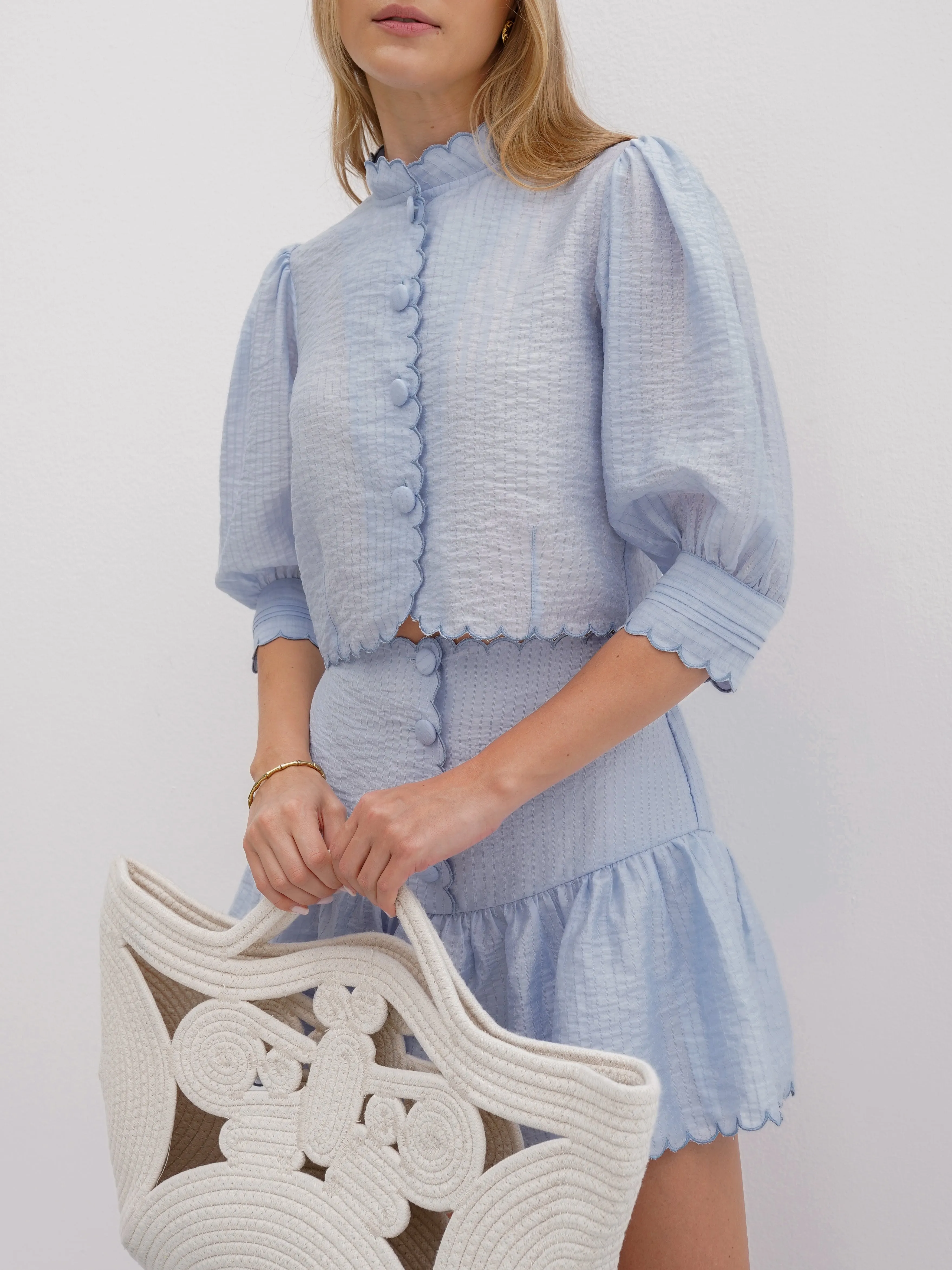 Kelsy Scalloped Textured Blouse | Sky Blue