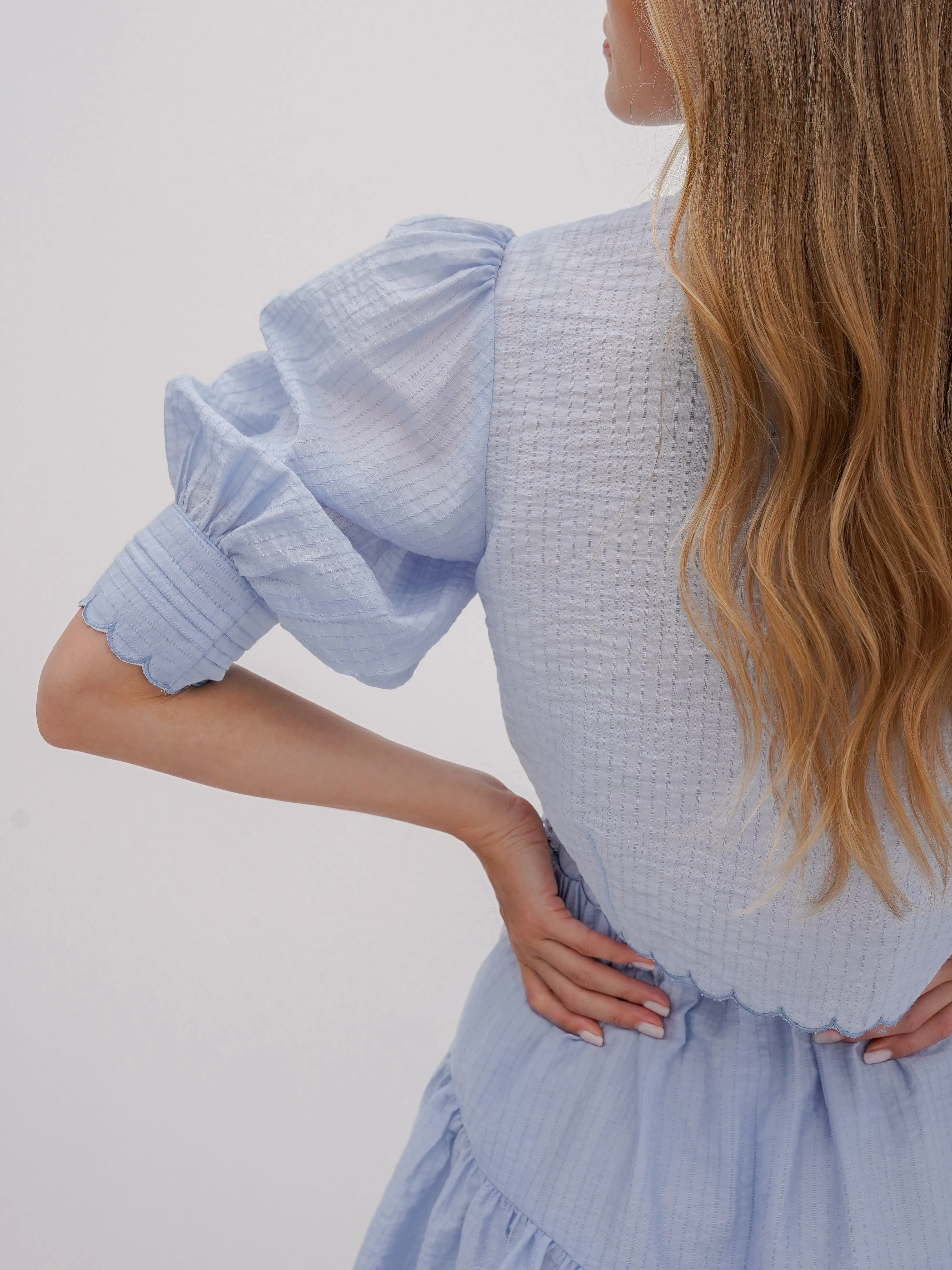 Kelsy Scalloped Textured Blouse | Sky Blue