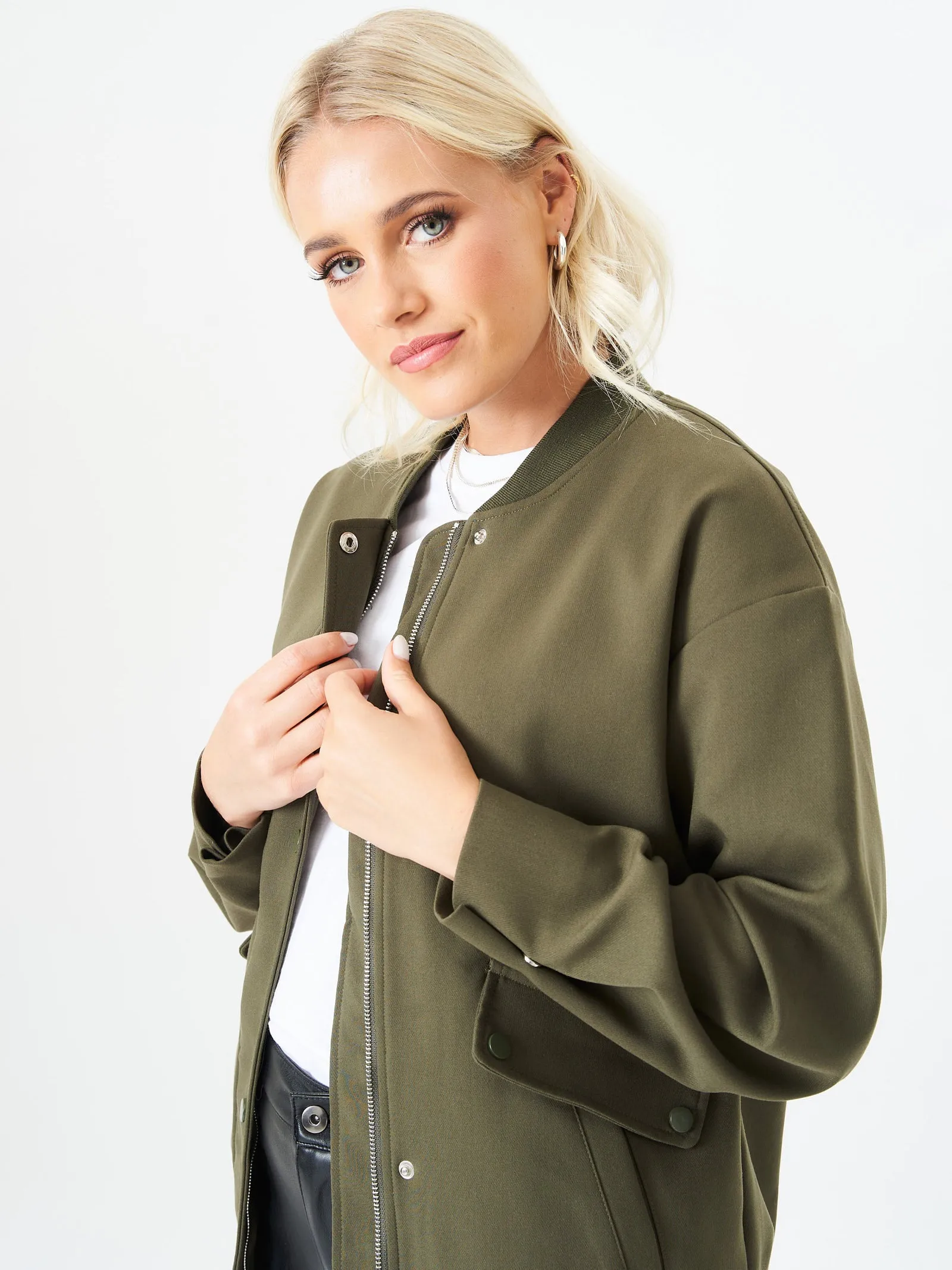 Khaki Zip Up Oversized Bomber Jacket