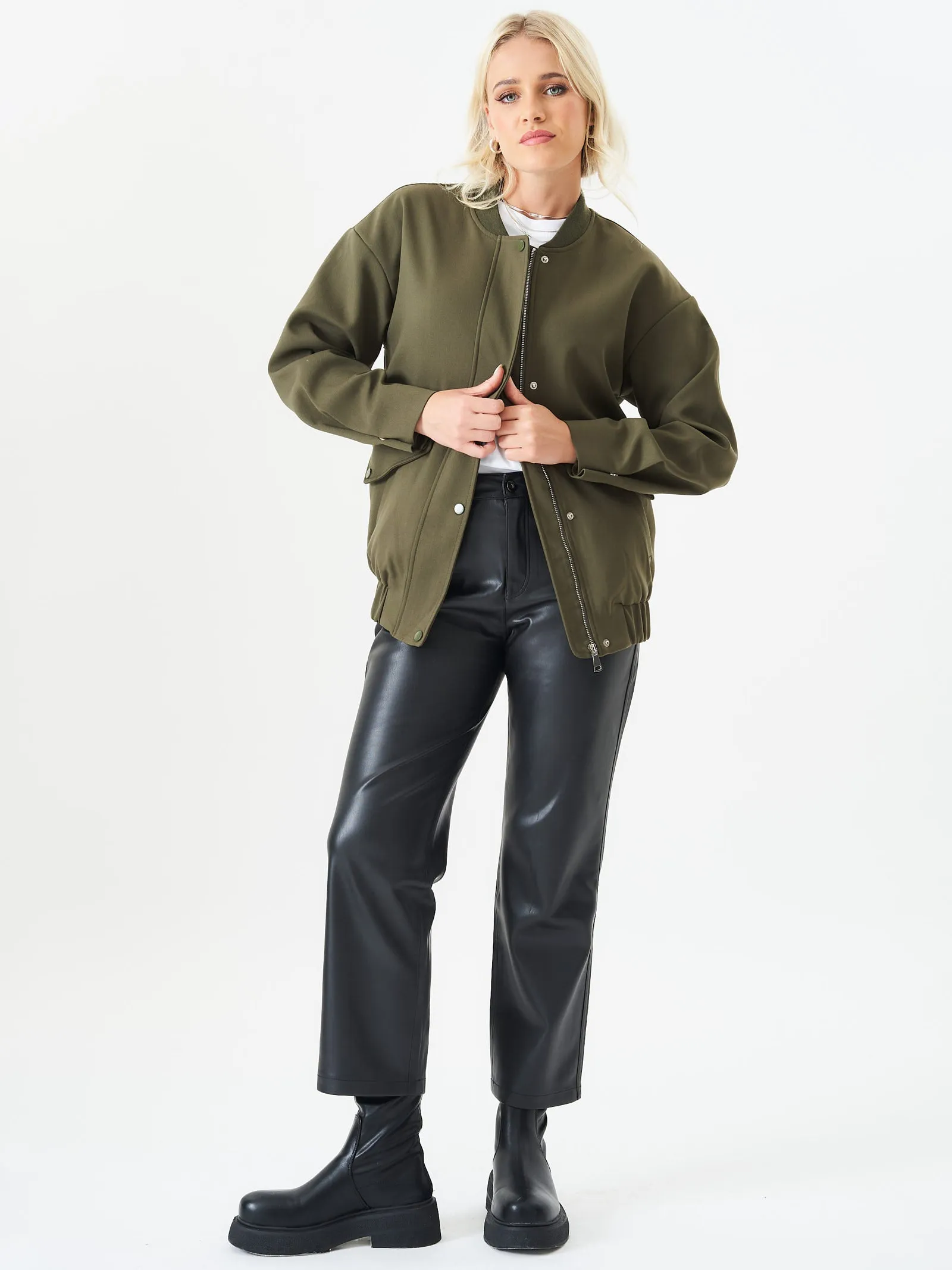 Khaki Zip Up Oversized Bomber Jacket