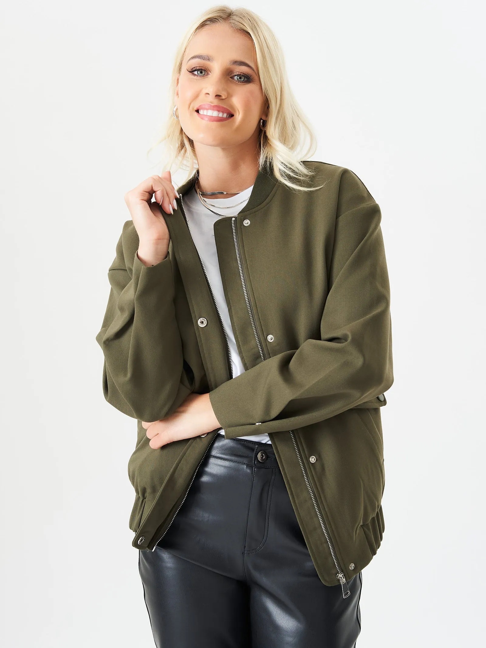 Khaki Zip Up Oversized Bomber Jacket