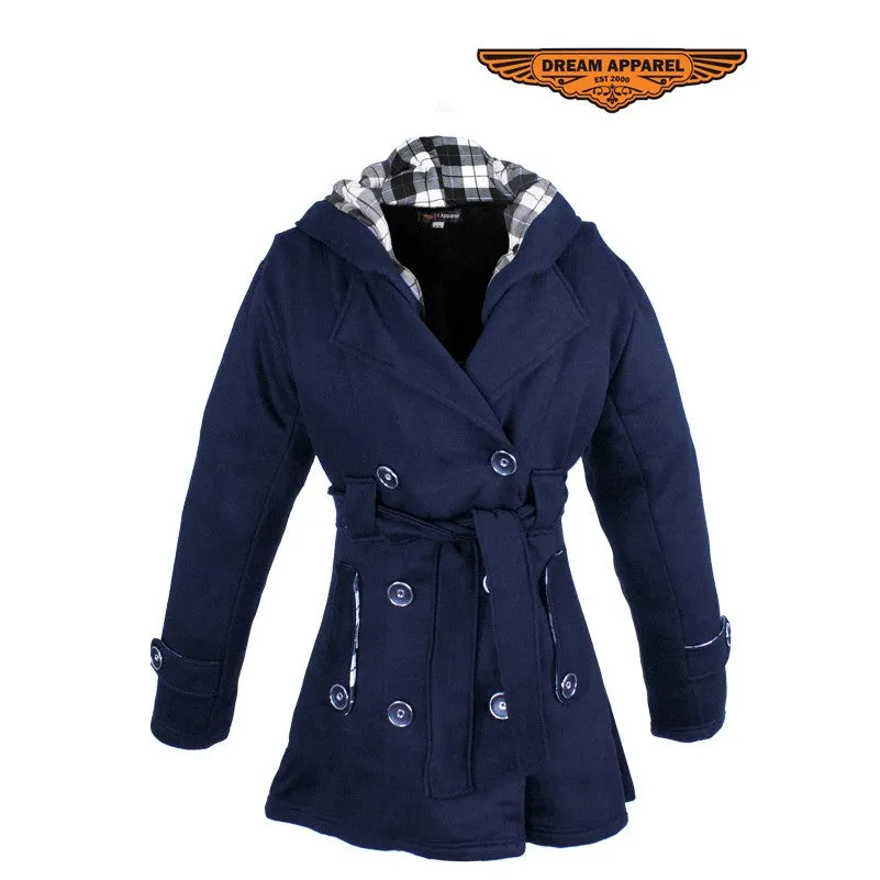 Ladies Black Button Up Coat W/ Belt and Removable Hood