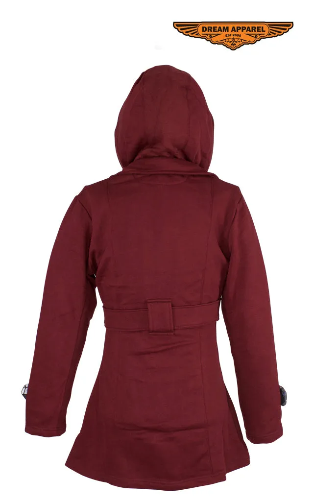 Ladies Burgundy Button Up Coat W/ Belt and Removable Hood