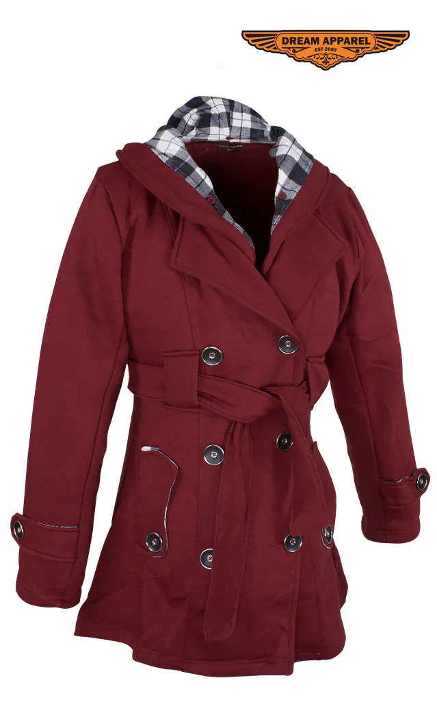 Ladies Burgundy Button Up Coat W/ Belt and Removable Hood