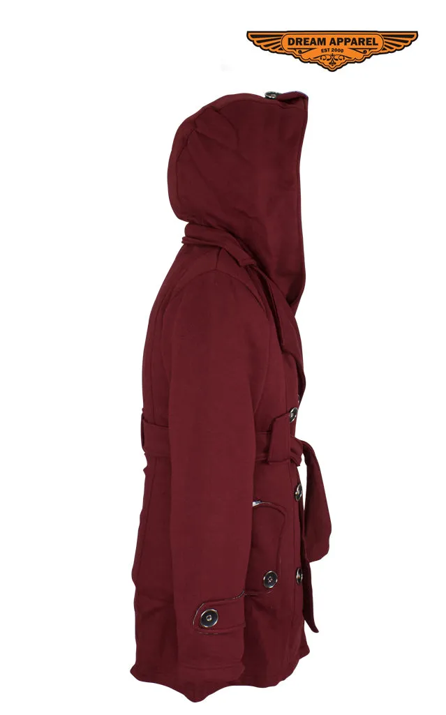 Ladies Burgundy Button Up Coat W/ Belt and Removable Hood