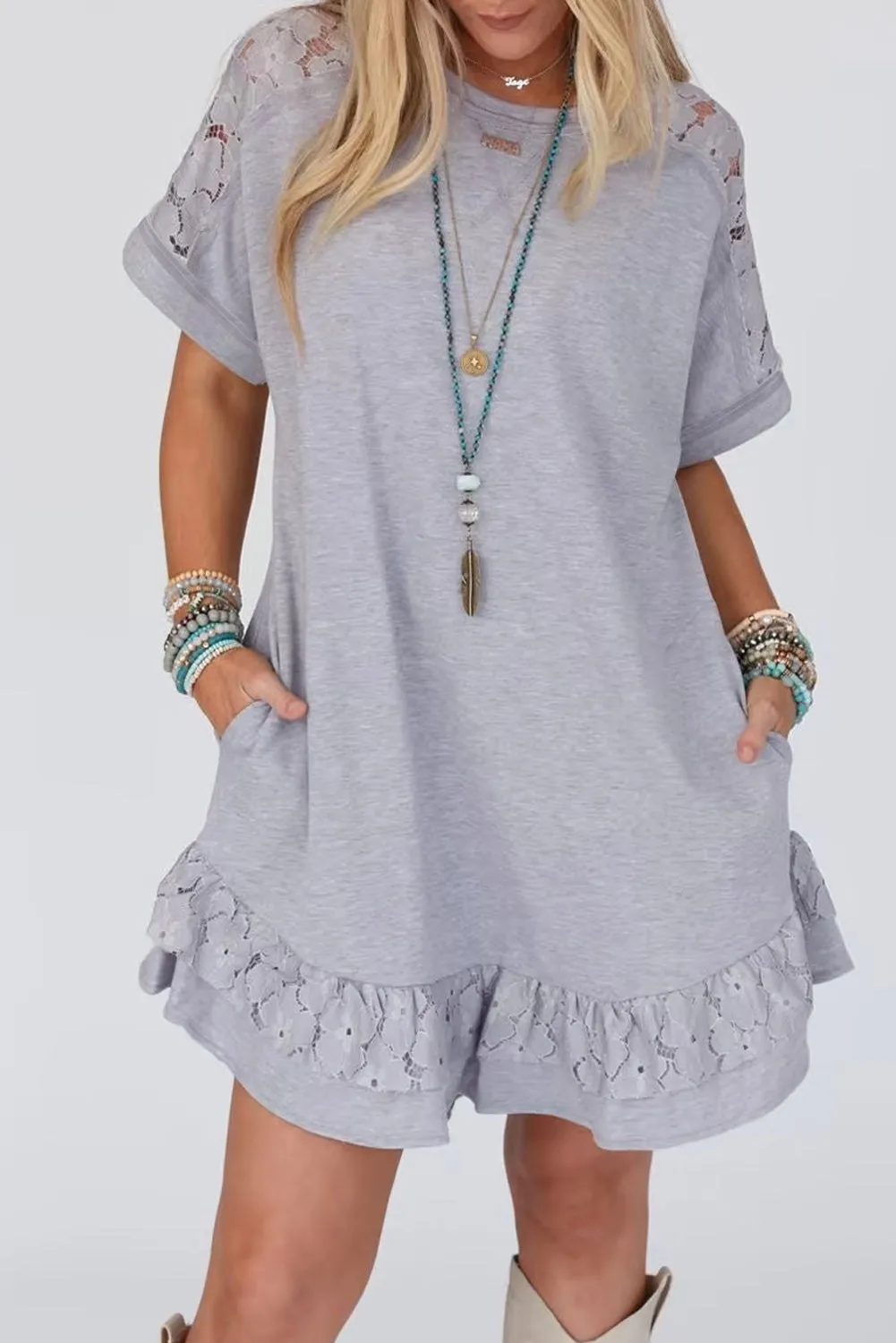 Light Grey Lace Splicing Ruffled Mini T-shirt Dress