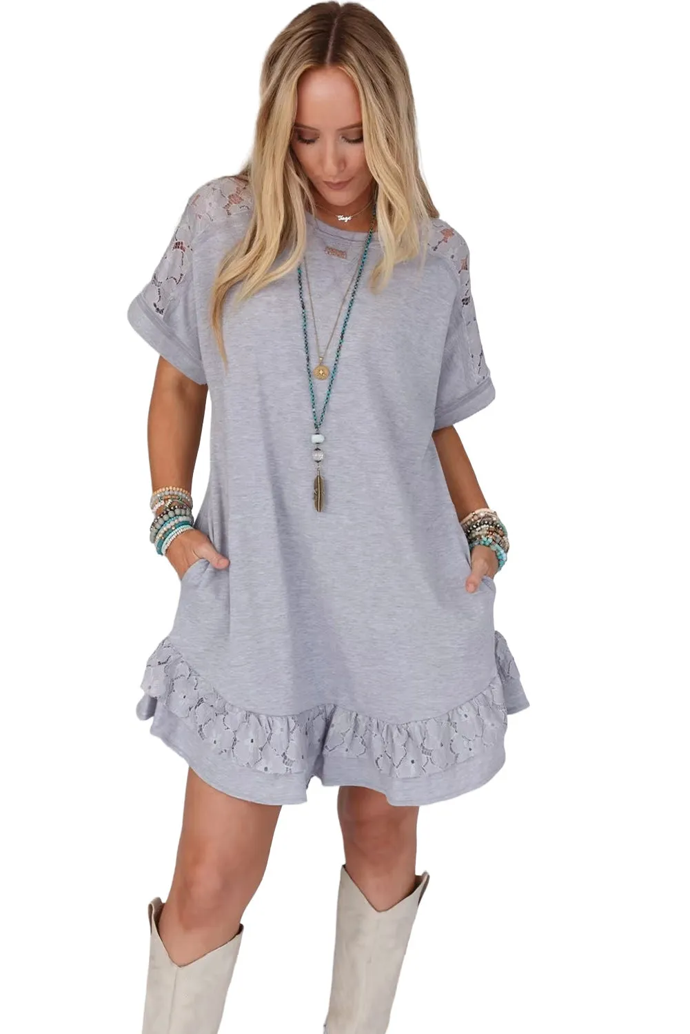 Light Grey Lace Splicing Ruffled Mini T-shirt Dress