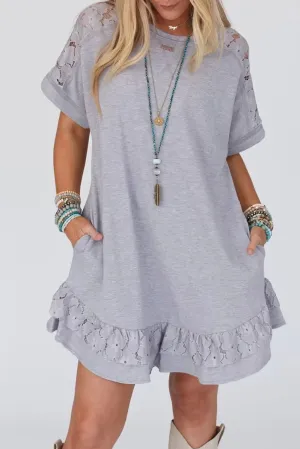 Light Grey Lace Splicing Ruffled Mini T-shirt Dress