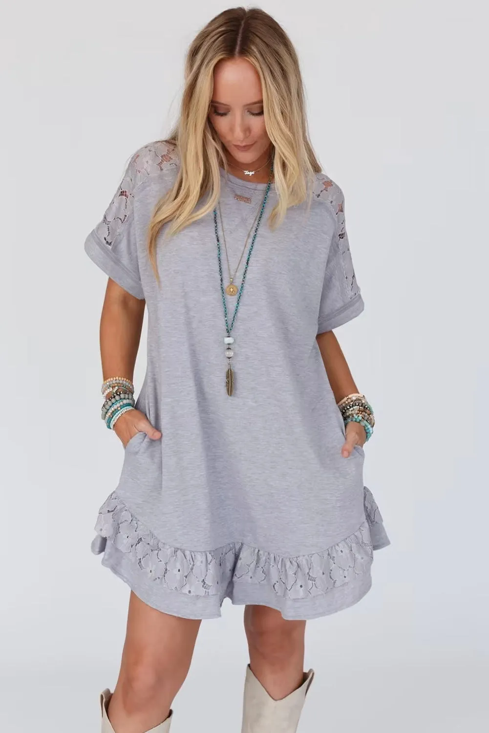 Light Grey Lace Splicing Ruffled Mini T-shirt Dress