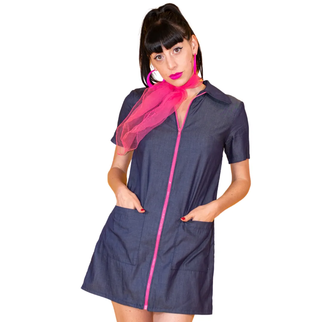 Lightweight Denim Mini in Midnight Blue with Bright Pink Zip