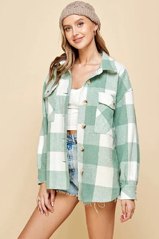 Lime N Chili Plaid Shacket Coat - Sage/Ivory