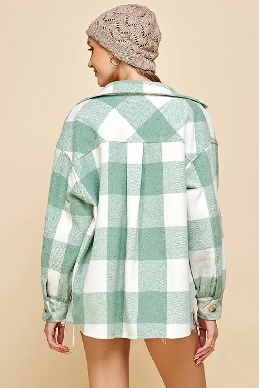 Lime N Chili Plaid Shacket Coat - Sage/Ivory