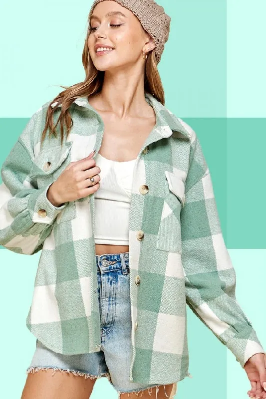 Lime N Chili Plaid Shacket Coat - Sage/Ivory