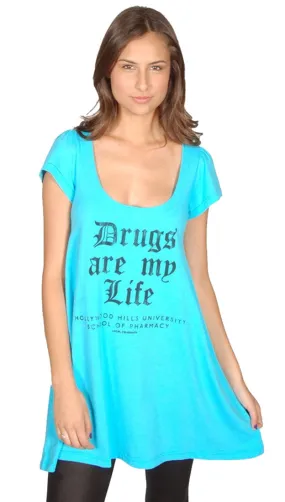 Local Celebrity Drugs Are My Life Flutter Dress in Cyan